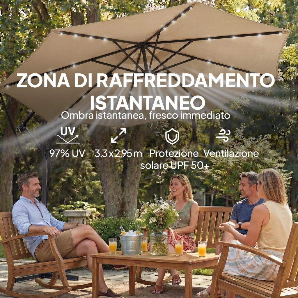 Ombrellone da Giardino Decentrato 330x295x245 cm con LED Solari in Metallo e Poliestere Cachi
