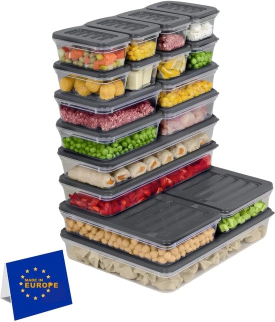 Contenitori alimentari stivellabili, set di contenitori di archiviazione, organizzatore del congelatore e del frigorifero con coperchio, resistente al congelamento fino a -25 °C, scatole riciclabili per carni (17 pezzi)