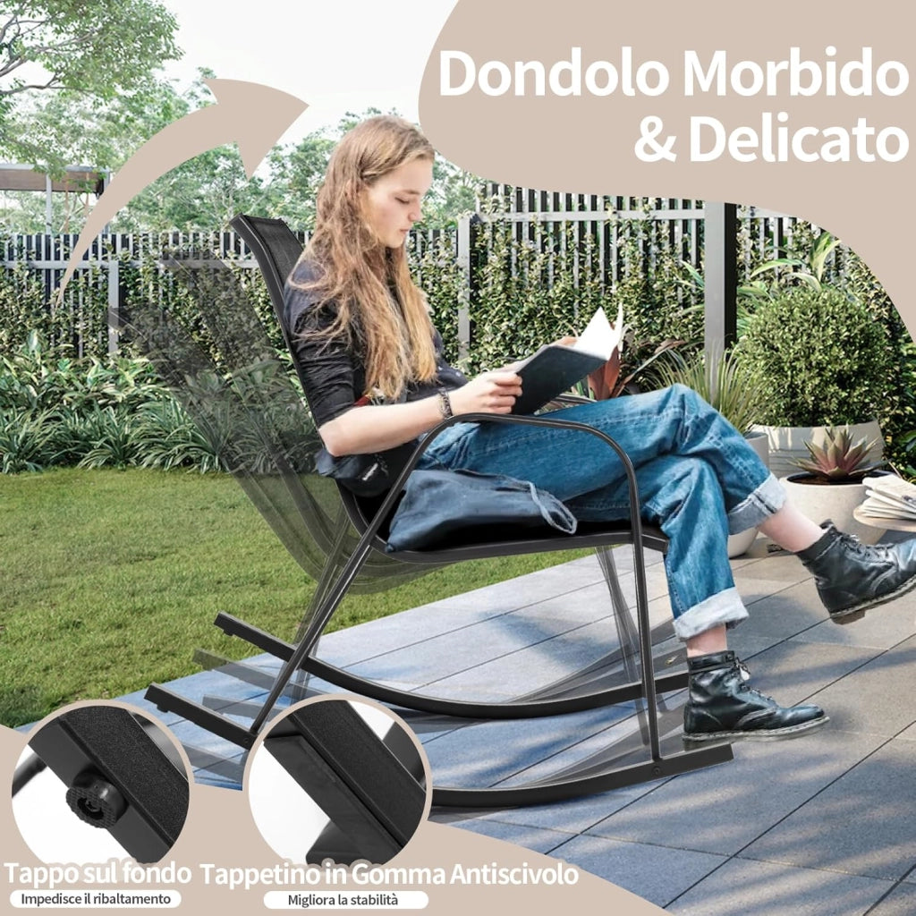 Sedie a Dondolo da Giardino 2 Pezzi, Dondoli da Esterno Ergonomici in Textilene Traspirante e Movimento Dolce, Sedie Dondolo da Balcone Terrazzo Giardino, Portata 150 kg (Nero)