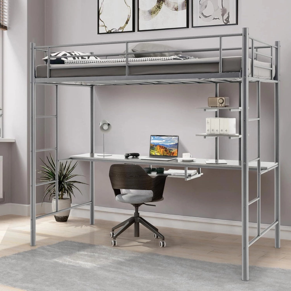 Letto a castello con scrivania, 200 x 95 x 180,5 cm, letto a castello per bambini con 2 scale e griglia di protezione alta, letto a soppalco, telaio in metallo, carico 150 kg (grigio argento)