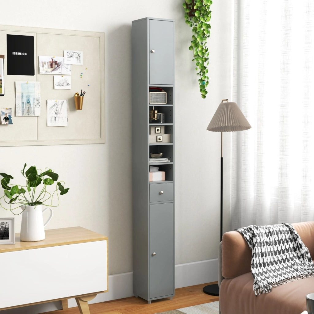 Mobile colonna da bagno con 2 ante 1 cassetto e 5 ripiani regolabili-Colonna bagno da terra salvaspazio Grigio