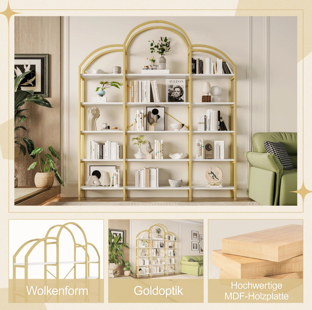 Libreria a 5 ripiani in MDF e metallo bianco e oro 170x26x190 cm