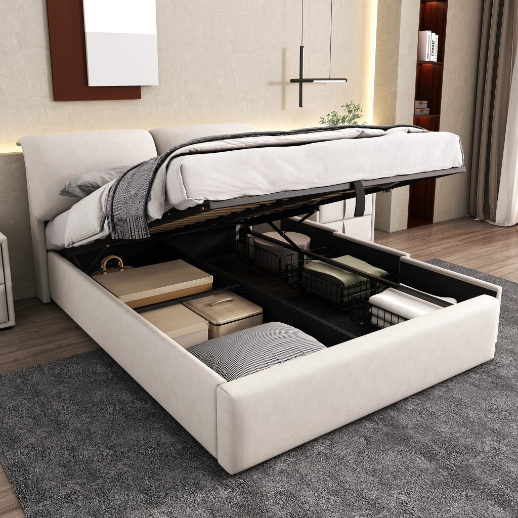 Letti contenitori 140x190 cm; contenitore idraulico e 3 cassetti; velluto; beige (Senza materasso)