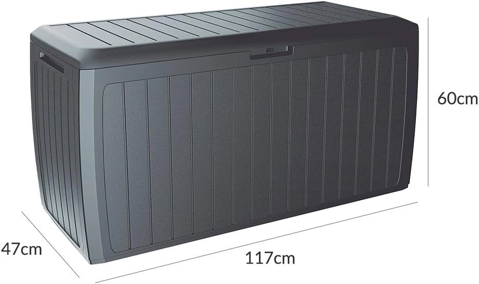 ® Baule da Giardino 117x47x60cm Aspetto Legno 290L Box Multiuso Multibox Cuscini 6 Ruote Coperchio Esterno