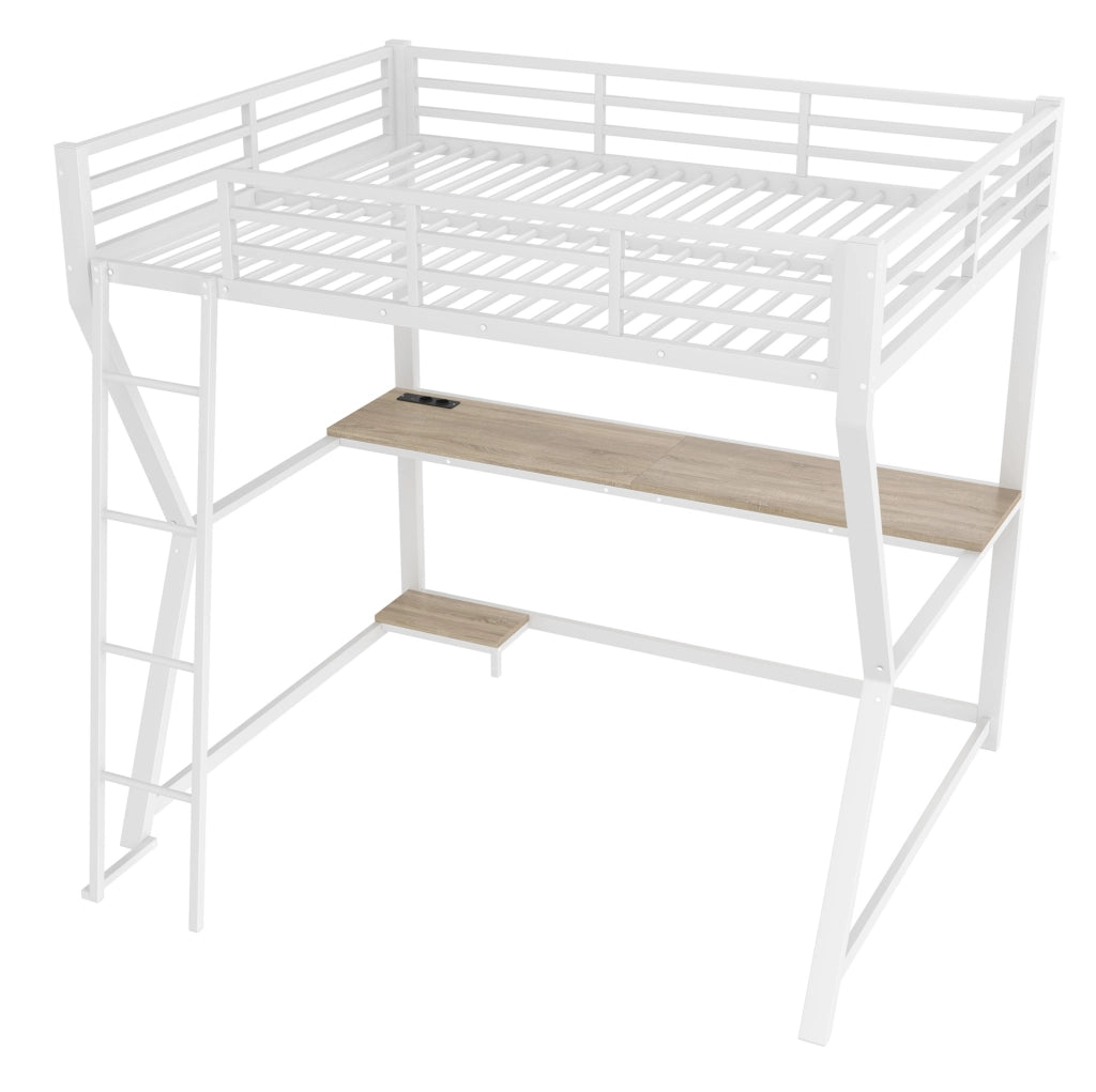 Letto a soppalco 140x200 cm in metallo e MDF con scrivania; LED; presa USB; bianco