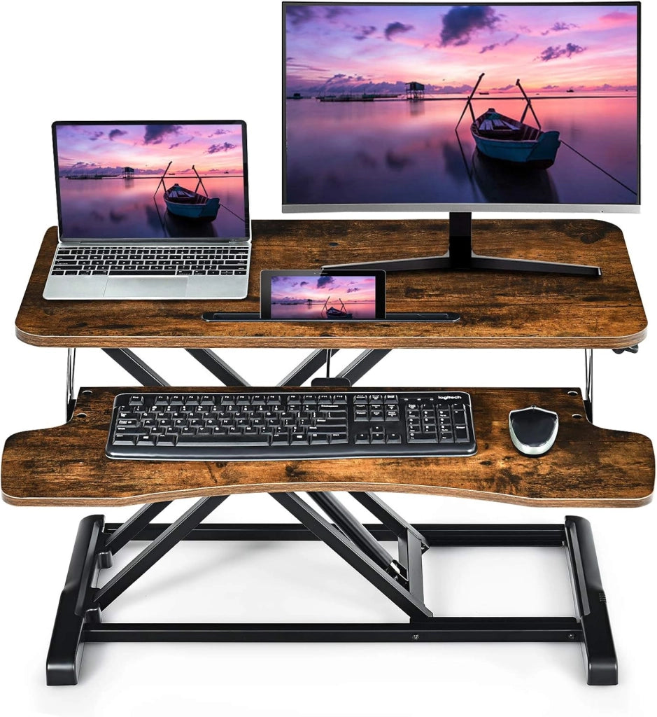 Convertitore da Scrivania, PC Convertitore Seduto-in Piedi, Regolabile in Altezza tra 11-50,5 cm, 2 Ripiani per Schermi di Computer, Tastiere e Laptop, Marrone