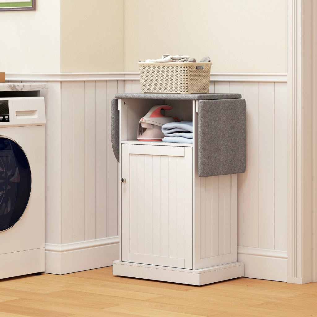Mobile Asse da Stiro Pieghevole con Armadietto e Rotelle ¨C Zephmum ¨C Bianco Grigio 121x37x89