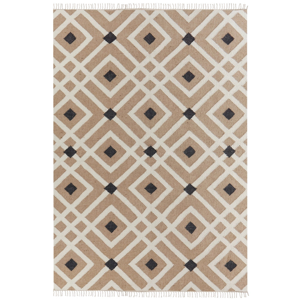 Tappeto di iuta intrecciata in cotone naturale beige con nappe a motivo geometrico 160 x 230 cm stile boho moderno