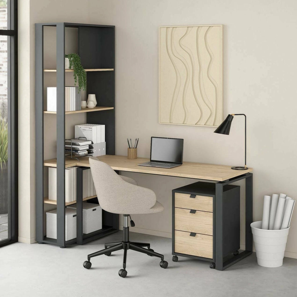 Scrivania Etienne, Scrittoio multiuso, Tavolo per ufficio porta PC, Piano di lavoro, 184x80 h205 cm, Rovere e Grigio