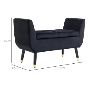 Panca imbottita con contenitore in poliestere effetto velluto, nero, 107x42x65 cm