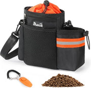 Sacchetto per cani con dispenser di sacchetto di escrementi e contenitore di acqua, cintura per cani con regolazione della spalla, clip di cintura, colore arancione