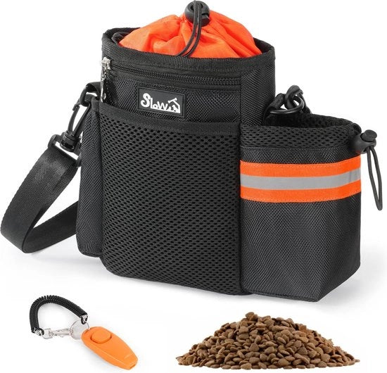 Sacchetto per cani con dispenser di sacchetto di escrementi e contenitore di acqua, cintura per cani con regolazione della spalla, clip di cintura, colore arancione