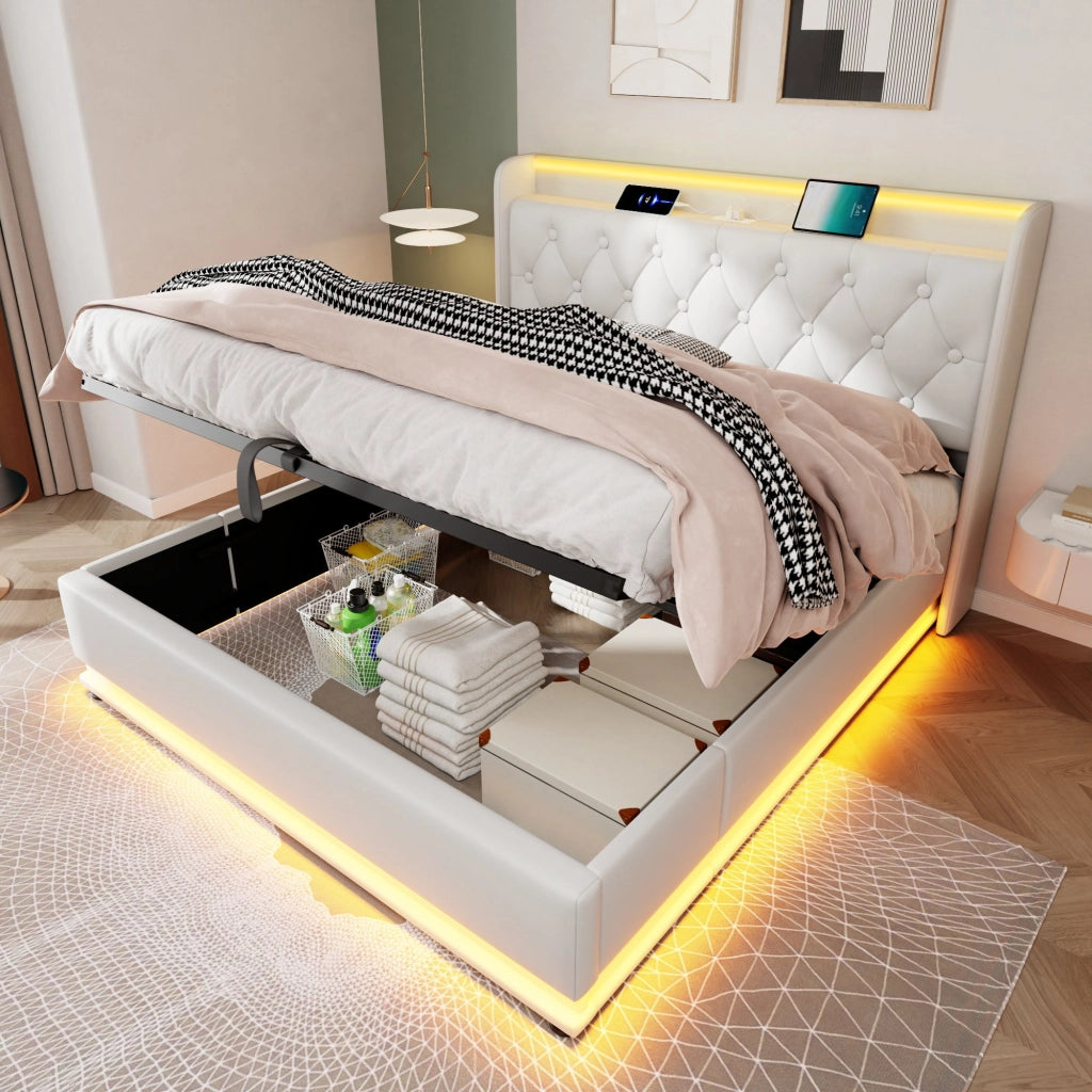 LETTO Contenitore 140x190 cm PU Bianco con LED, USB e Type-C