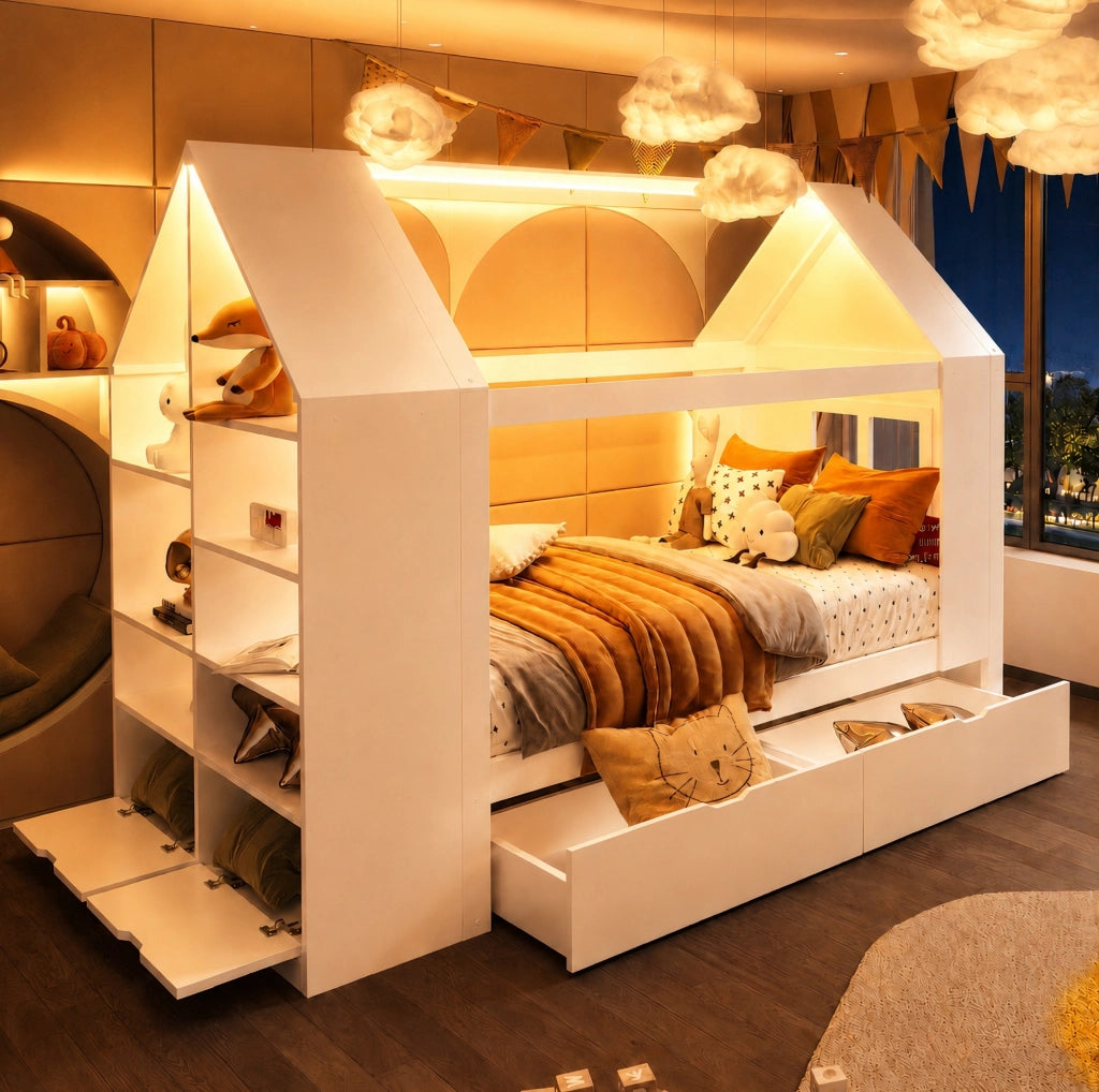 Letto per bambini a forma di casa 90x200 cm con cassetti, LED e vano contenitivo