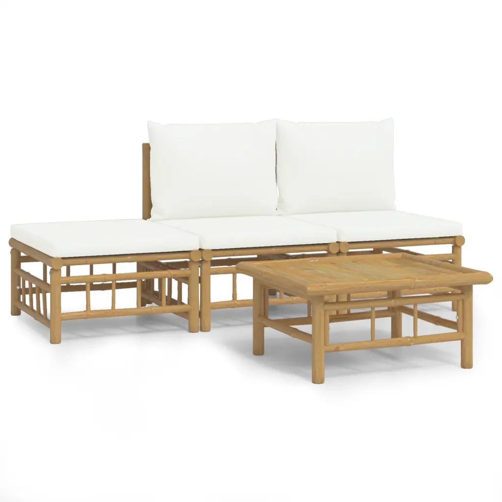 Set Salotto da Giardino 4pz con Cuscini Bianco Crema in Bambù 3155203