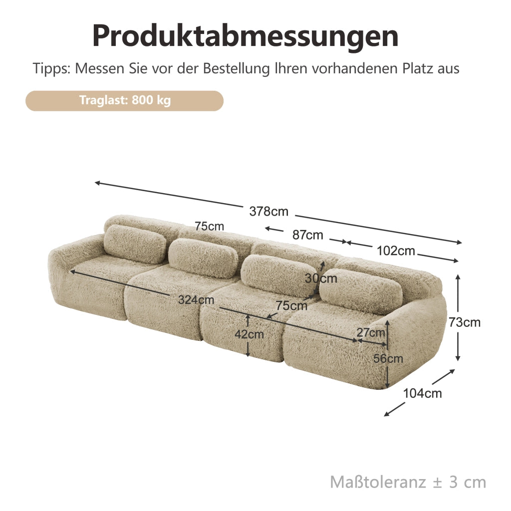 Divano ad Angolo Modulare 4 Posti con Design Ergonomico, Cuscini e Base Antiscivolo, in Peluche, Cachi Chiaro