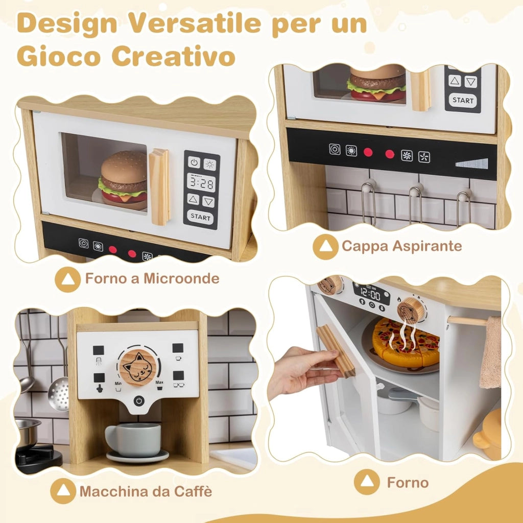 Cucina Giocattolo per Bambini, Cucinetta in Legno con Suoni e Luci, Fornello, Lavandino, Macchina del Caffè, Gioco Cucina di Ruolo per Bambini 3+ Anni (Naturale)