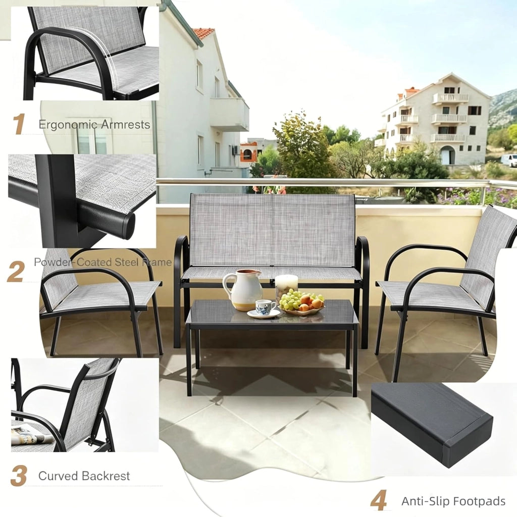 Set di 4 mobili da giardino per 4 persone, set da giardino con 2 sedie e 1 panca e 1 tavolino da caffè, set di mobili da terrazza per piscina, cortile (grigio), QF54737IBDE