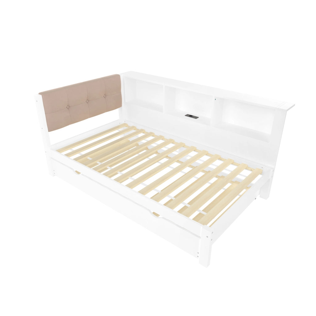 Letto daybed estraibile in pino bianco con LED, USB e ripiani laterali