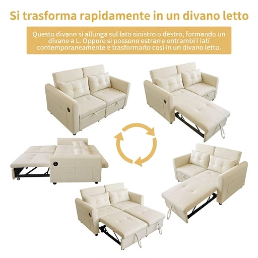 Divano Letto 2 Posti 3 in 1 Trasformabile 142 cm con Schienale Regolabile; USB e Tasche; Lino Beige