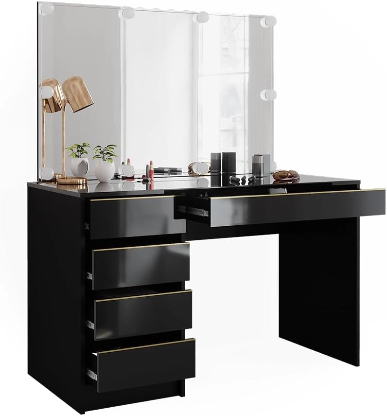 Vicco Set tavolino da toilette Sherry, Nero/oro, 120 cm con illuminazione a LED, con illuminazione LED e grande specchio rettangolare