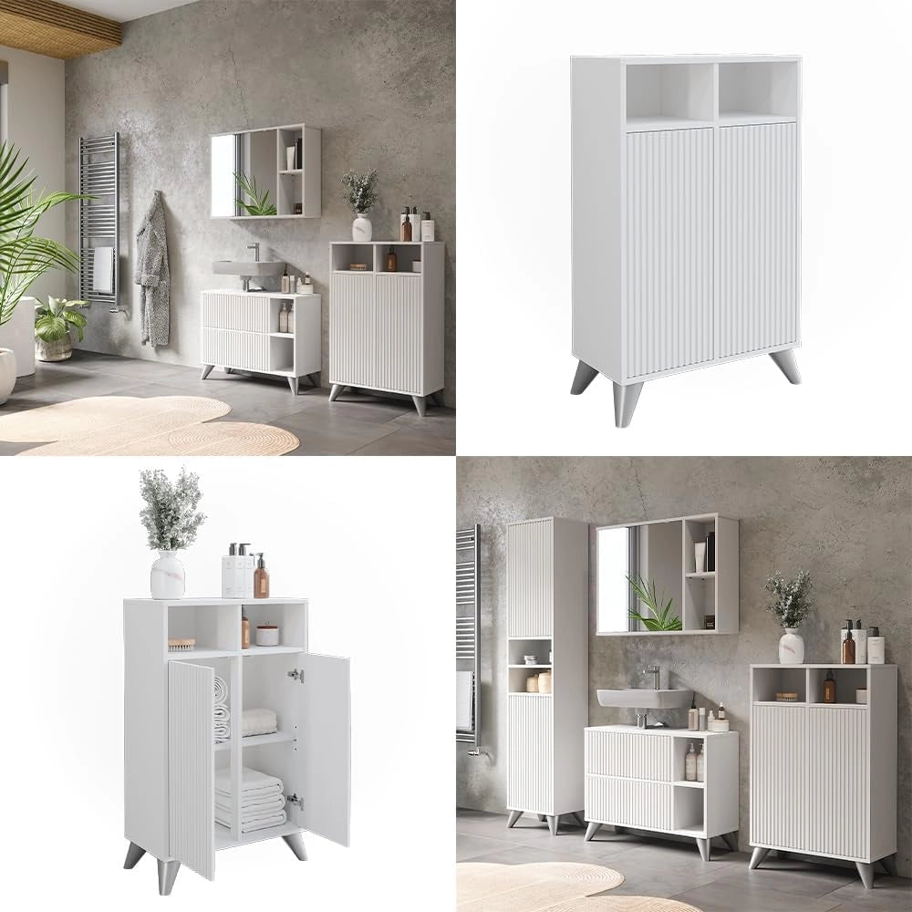 Mobiletto midi Leano, Bianco, 60 x 97 cm con 2 porte, adatto per la conservazione di articoli da bagno e asciugamani