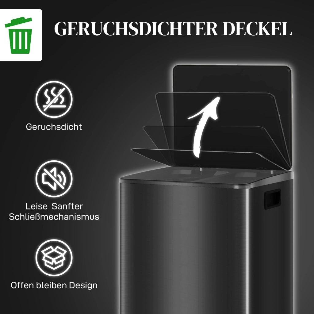 Pattumiera da 60L con 2 Scomparti ¨C Xylo ¨C Acciaio Inox Nero, Coperchio Soft-Close