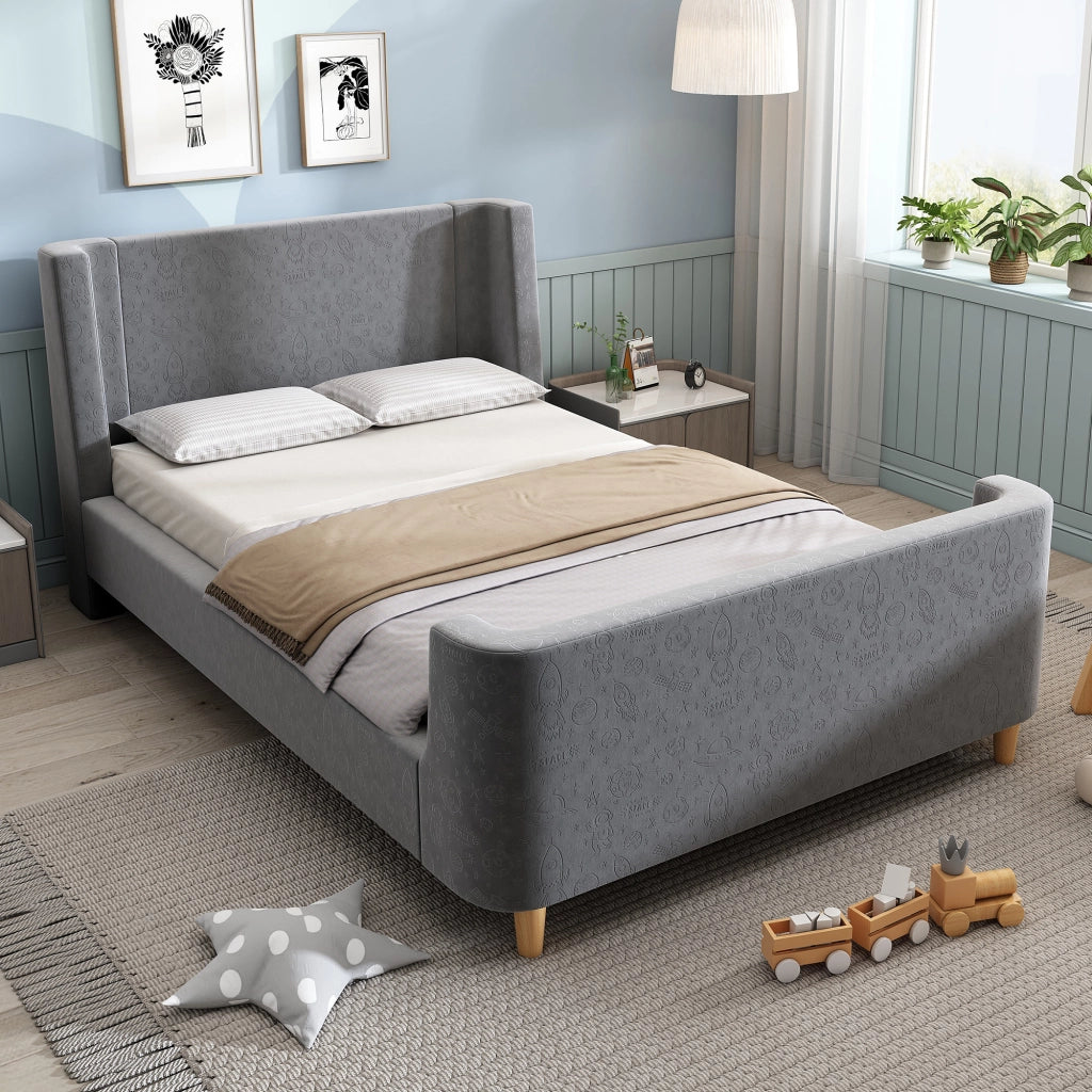 LETTO Bambini a slitta 90x200 cm in velluto grigio con motivo spaziale