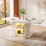 Tavolo da pranzo allungabile, 150/200 x 80 cm, effetto marmo, per 6-8 persone, con vano portaoggetti, illuminazione a LED, bianco