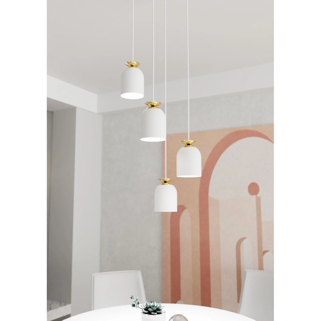 Lampada a sospensione Target in acciaio bianco e dettagli oro