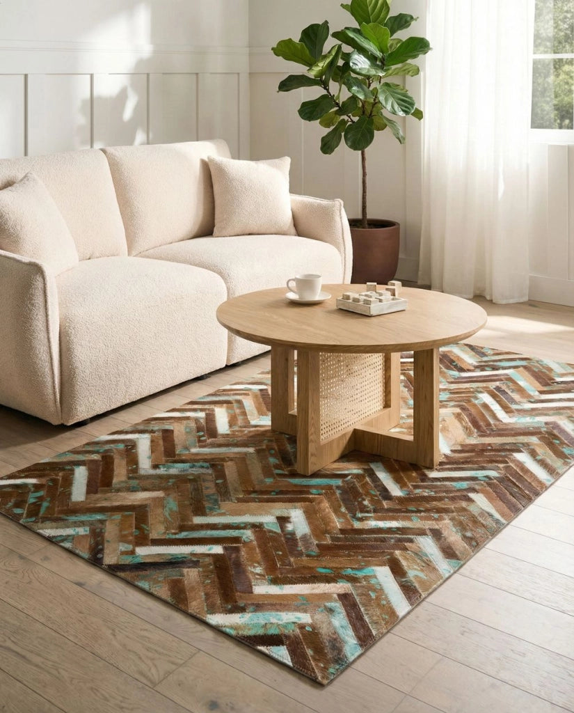 Tappeto marrone beige blu patchwork 80 x 150 cm in Pelle Bovina Artigianale soggiorno camera da letto