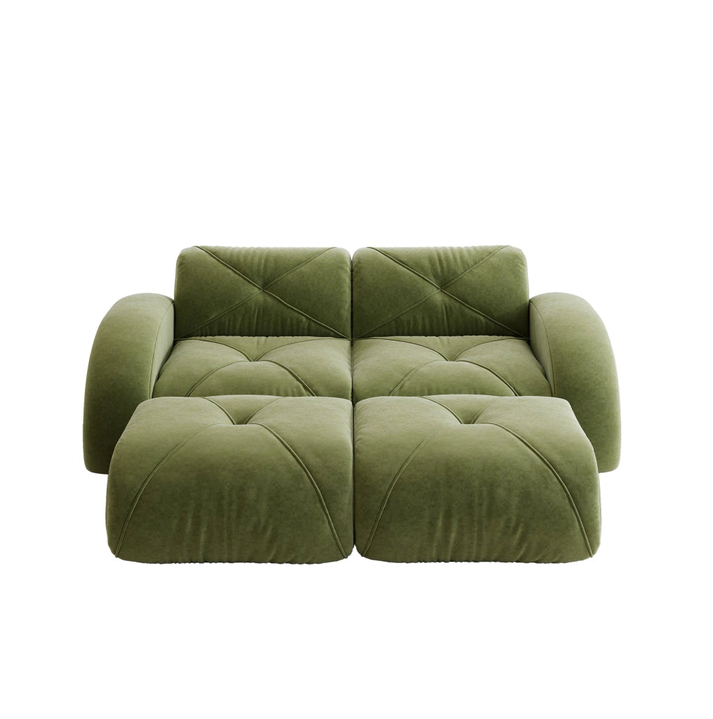 Divano modulare 2 posti senza struttura con 2 pouf in ciniglia verde