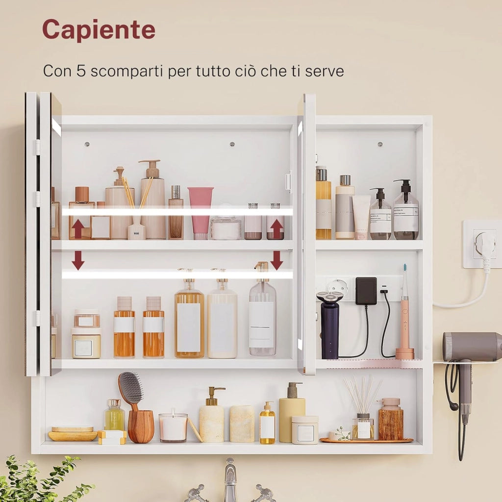 Specchio Bagno Contenitore con Luce LED e Presa Elettrica, Mobile Bagno a Specchio con 3 Ante e Gancio Asciugacapelli, 3 Temperature di Luce Dimmerabili a Touch, Ripiani Regolabili, Bianco