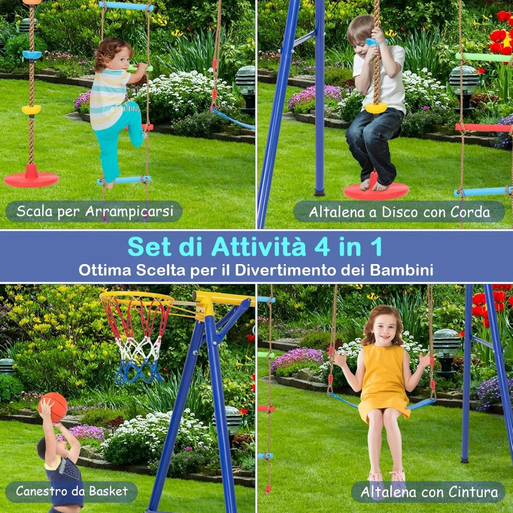 Set Altalena per Bambini Robusta, Set Altalena 4 in 1 con Canestro Basket, Altalena Regolabile, Scala e Disco con Corda, Giochi da Interno ed Esterno per Bambini 3-9 Anni, Portata 300 kg