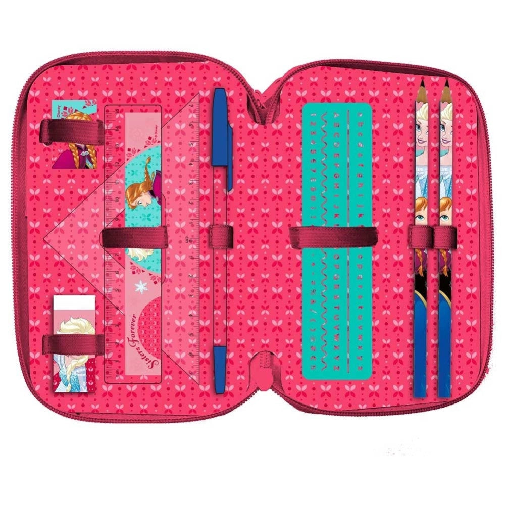 Trade Shop - Astuccio Portapastelli Scuola 3 Zip Frozen Accessoriato Con Pastelli Pennarelli -