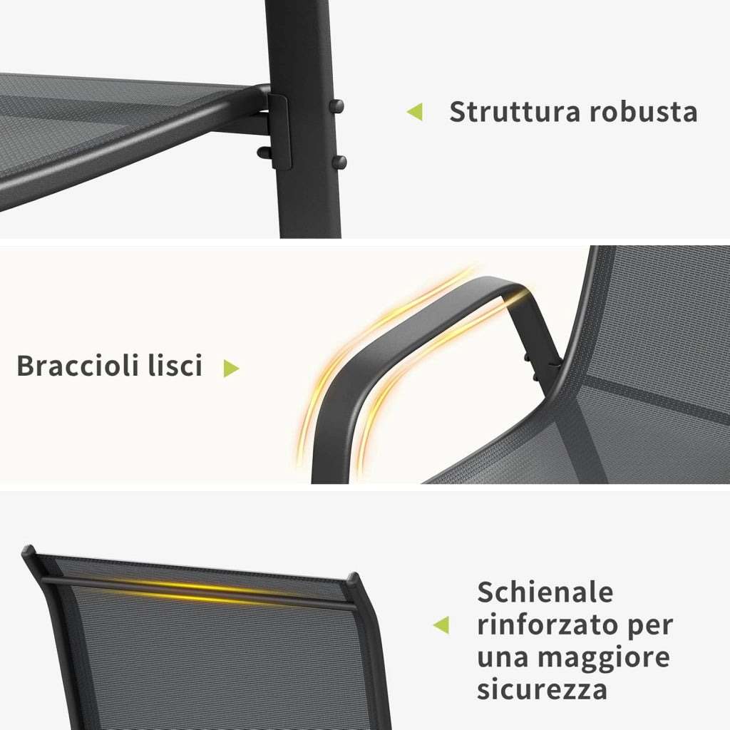 Set Salotto da Giardino 4 Pezzi, Set Mobili da Esterno con Divano 2 Posti, 2 Poltrone, 1 Tavolino in vetro, Textilene Traspirante, Set da Conversazioni per Piccolo Balcone, Terrazzo (Grigio)