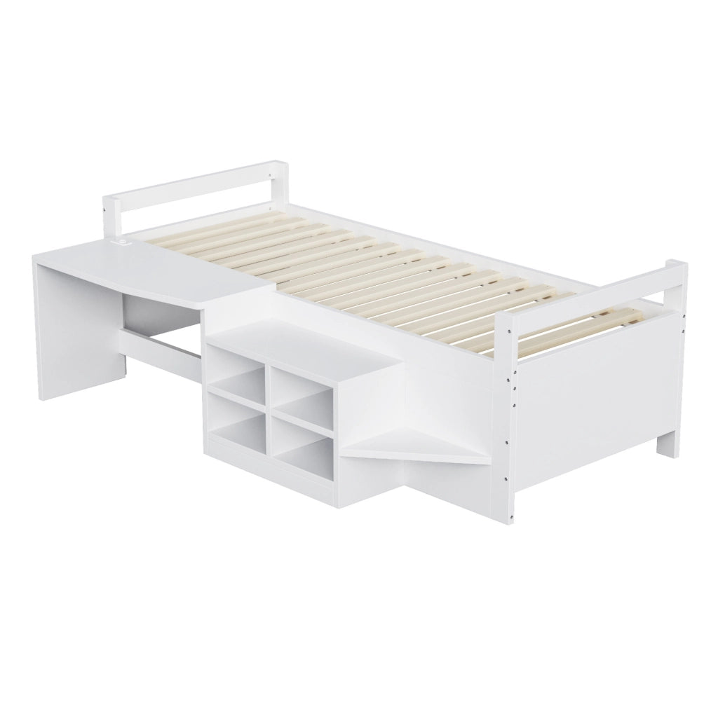 Letto multifunzionale 90x200 cm con scrivania, vani contenitore e prese