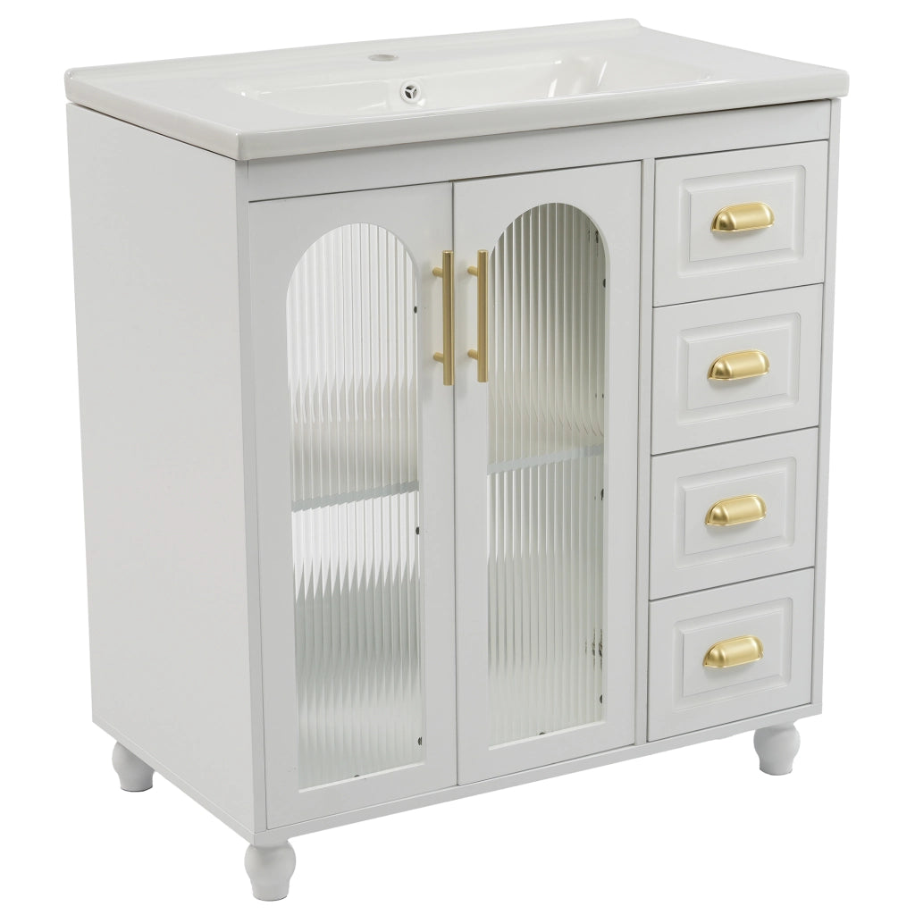 Mobile sottolavabo con 2 ante; 1 anta e 3 cassetti - per bagno - in MDF - bianco