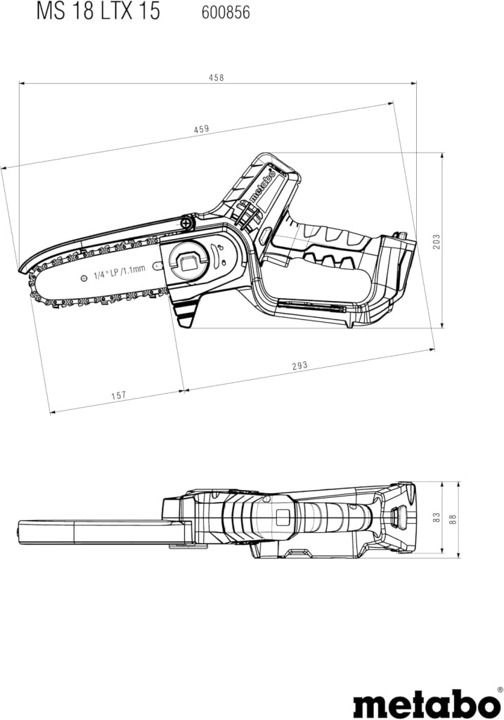 sega per arbusti a batteria MS 18 LTX 15 – 18V, lama da 15 cm – Ideale per la potatura di alberi e rami verdi, alta velocità della catena – Leggera e maneggevole – Inclusa metaBOX