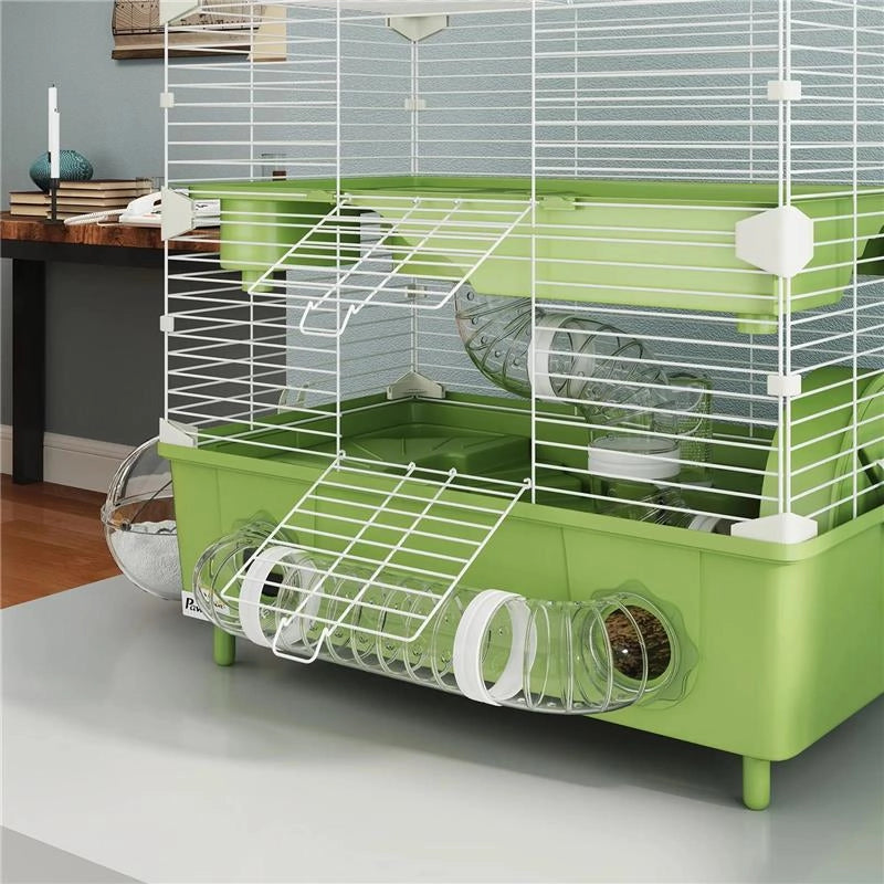 GABBIA PER CRICETI A 2 LIVELLI E 3 PORTE CON RUOTA E TUBI IN ACCIAIO PS E PP 44.5X28X44 CM VERDE E BIANCO