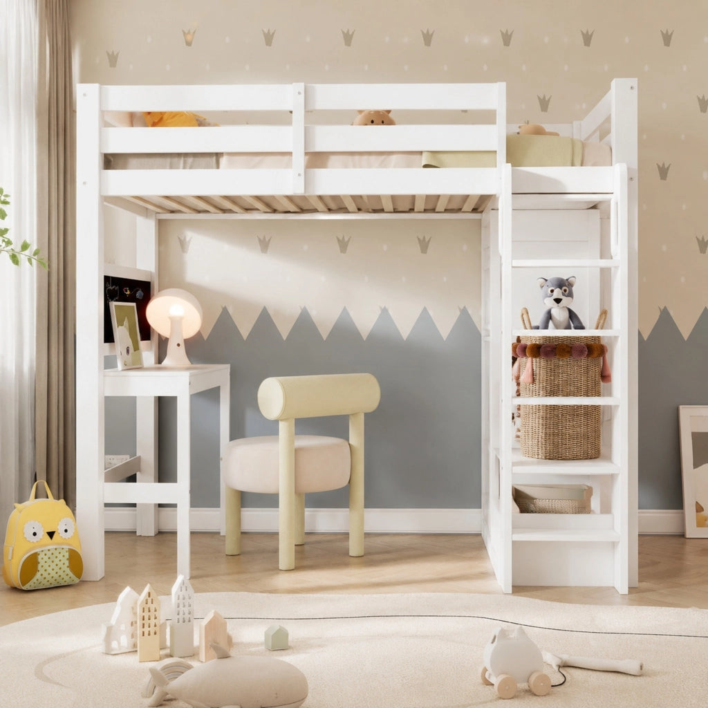 Letto a soppalco 90x200 cm con scrivania; lavagna e armadio aperto; bianco in legno