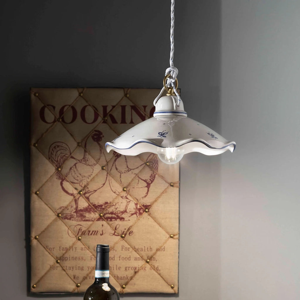 Lampadario Classico Belluno Ceramica E Ottone Decorato Filo Blu 1 Luce E27