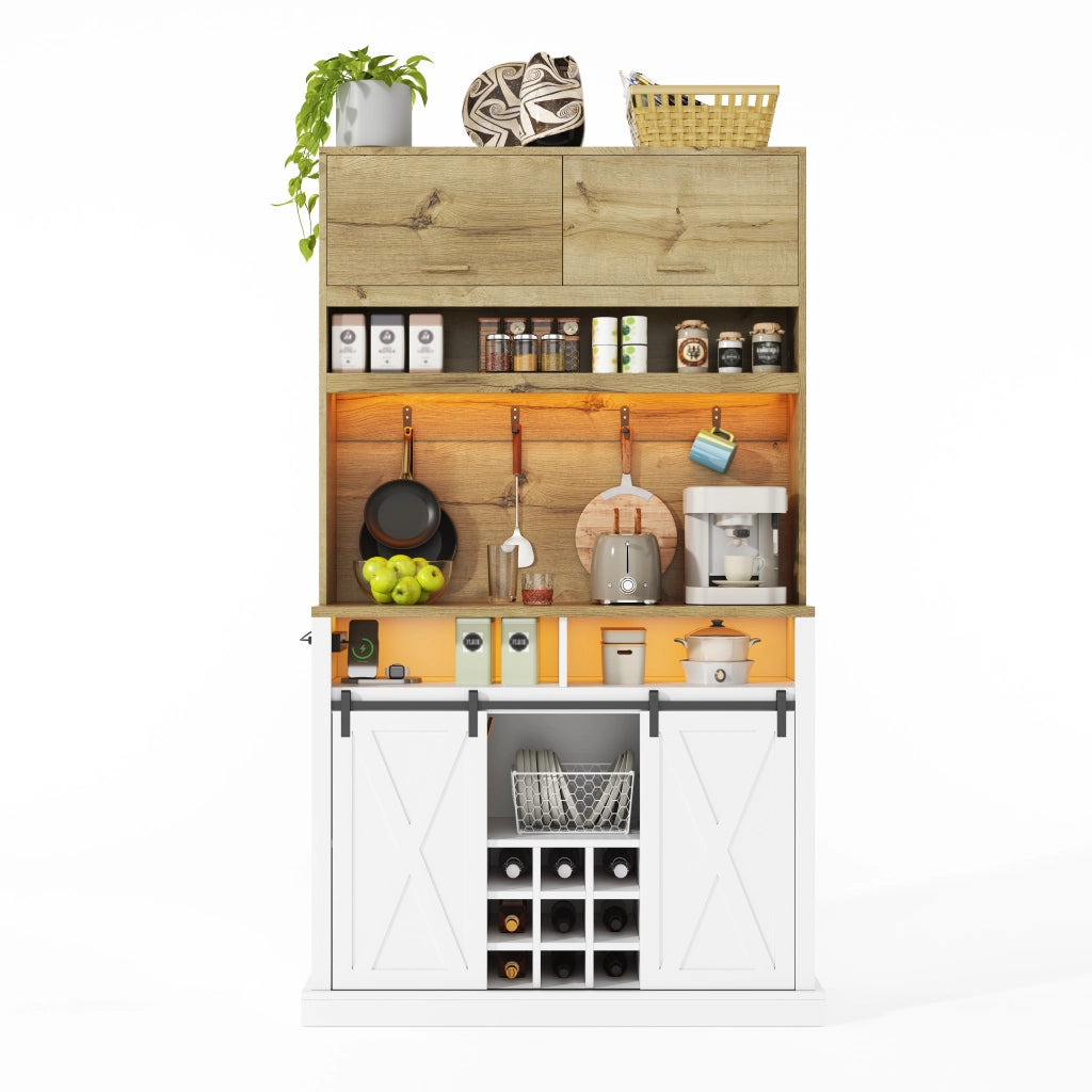 Colonna da cucina con LED RGB vetrina ripiani aperti ganci e portabottiglie in MDF bianco naturale 110 × 40 × 191 cm