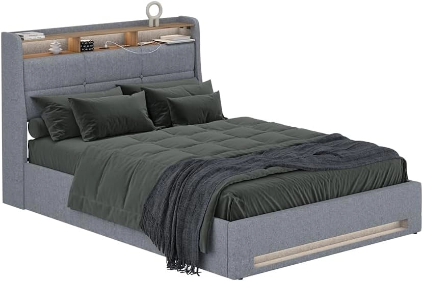 Letto imbottito Christin, Grigio/quercia, con materasso, LED e connessione USB, con rete a doghe e contenitore integrato
