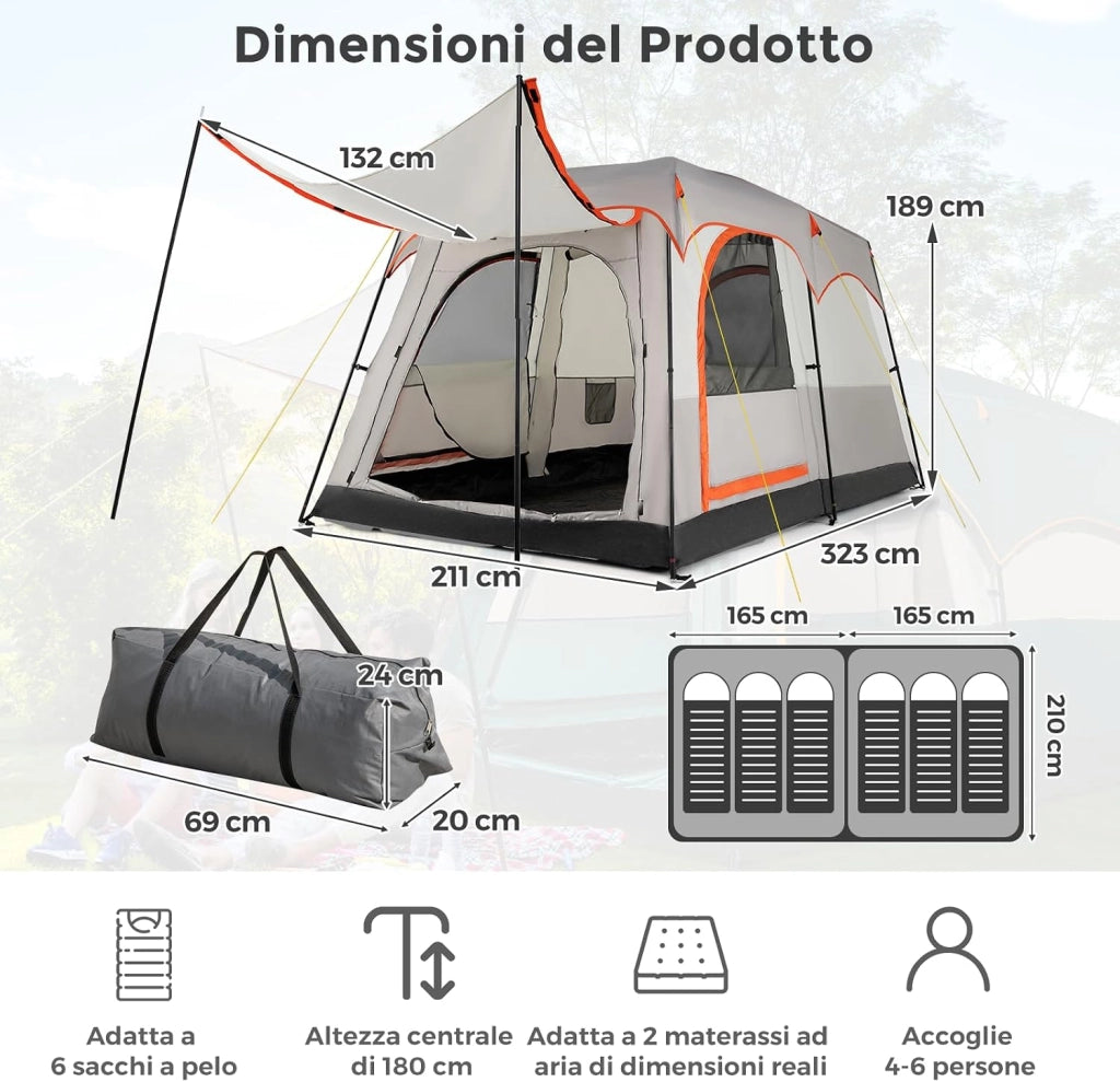 Tenda da Campeggio con Divisorio, Tenda a Doppio Strato con Telo Antipioggia, Telo in PE, Finestre a Rete, Impermeabile e Antivento, con Borsa