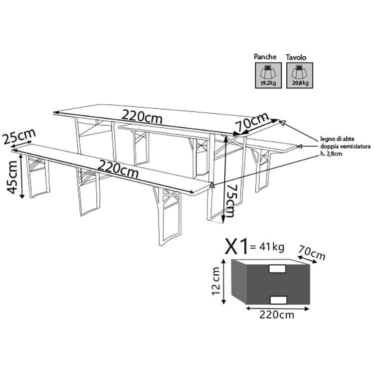 Tavolo 220x70 con panca a 3 gambe - SETBREWERY