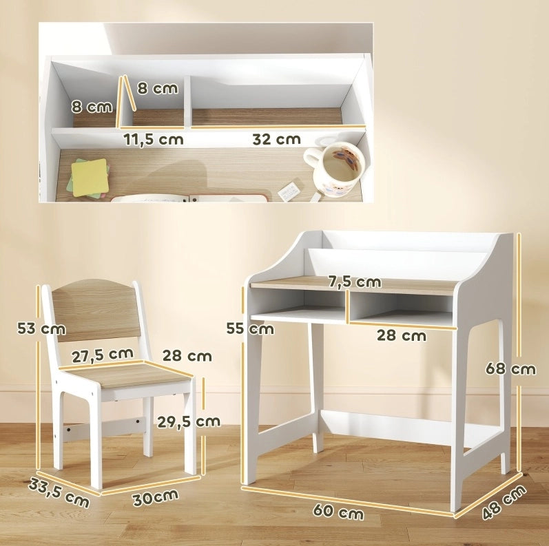 Set scrivania e sedia per bambini con vani portaoggetti