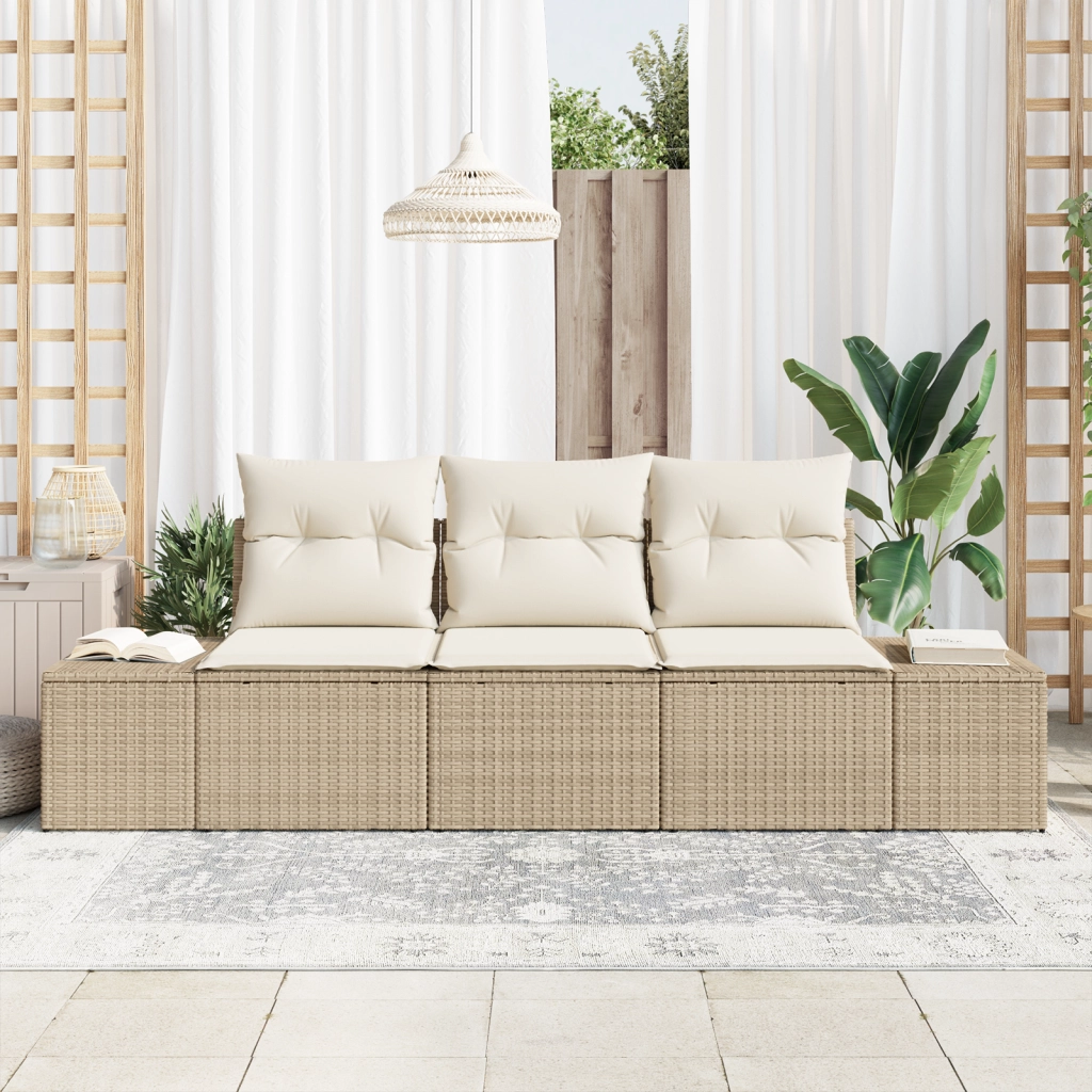 Set di divani da giardino da 3 pezzi con cuscini beige in polyrattan