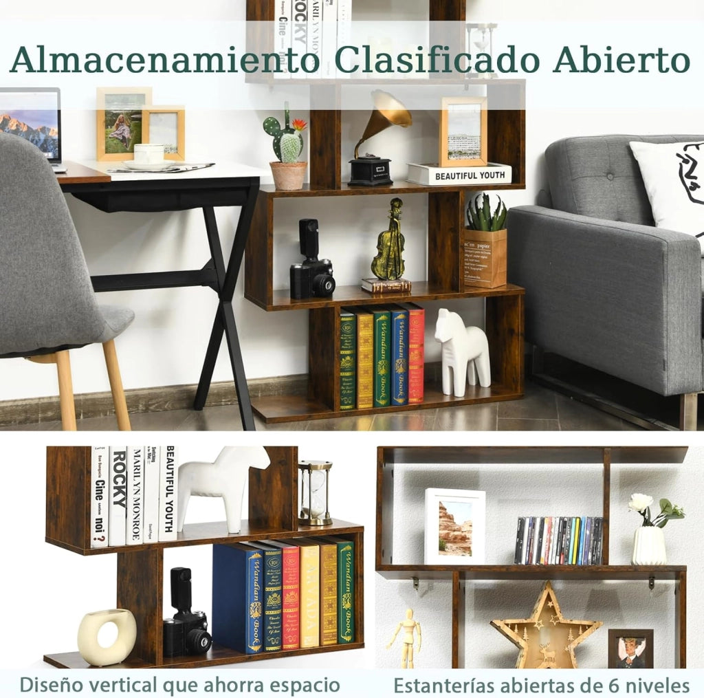 Libreria a 6 livelli, libreria a forma di S, scaffali per libri, design antiribaltamento, libreria, per soggiorno, camera da letto, studio, ufficio, 80 x 23 x 191 cm (caffè)