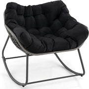 Sedia a Dondolo da Esterno, Poltrona in PE Vimini con Cuscino Rimovibile, Poltrona Relax in Rattan con Struttura in Metallo, per Soggiorno, Balcone, Giardino, Portata 150 kg (Nero)